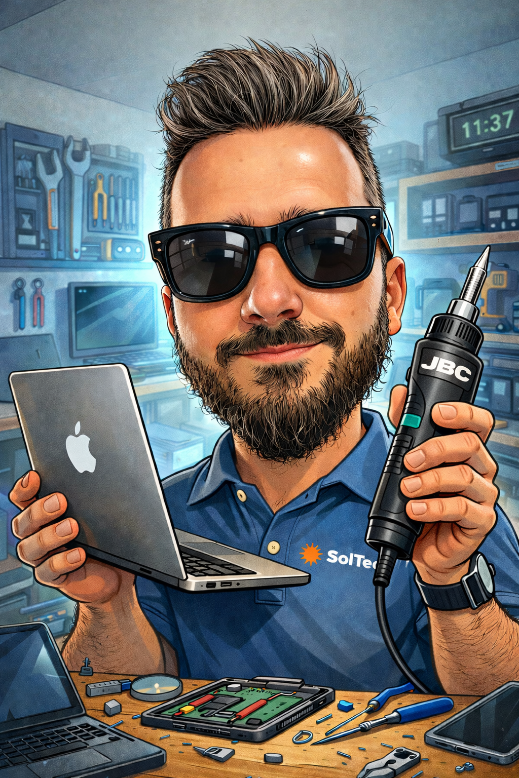Técnicos a reparar motherboard de computador numa bancada de trabalho